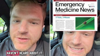 A close-up of a man in a car discussing a medical article titled "Emergency Medicine News" about ticks.