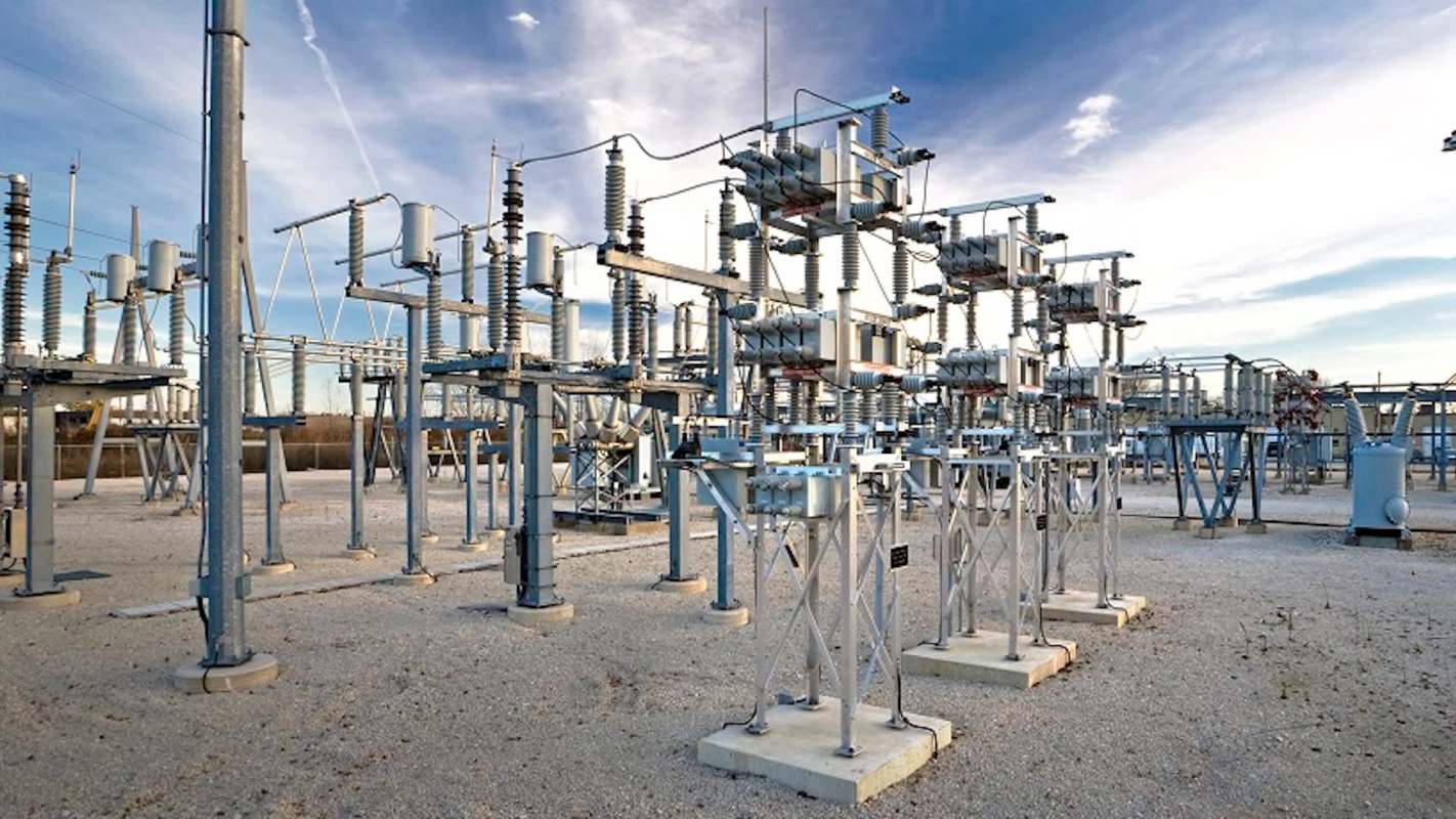 Electrical equipment at a power substation.