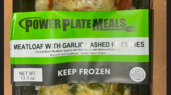 A package of frozen meatloaf with garlic mashed potatoes from Power Plate Meals.