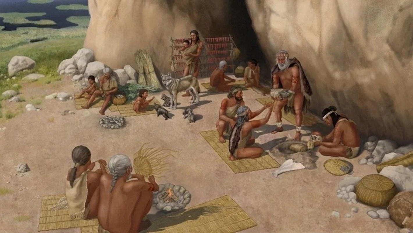 A prehistoric scene depicting people engaging in various activities near a cave, with animals present.