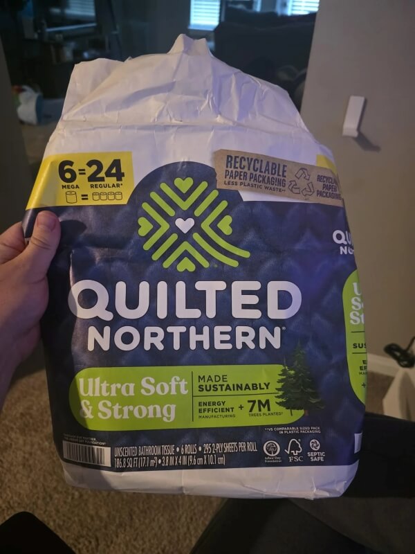 Quilted northern toilet rolls packed in recyclable non-plastic packaging.