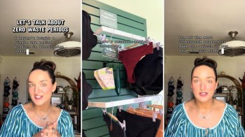 A woman discusses zero waste periods in front of a display of reusable period underwear and related products.