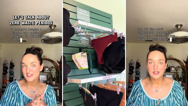 A woman discusses zero waste periods in front of a display of reusable period underwear and related products.