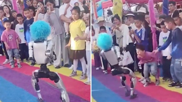A robot with a blue wig dances energetically in front of an amused crowd, and a boy holds his stomach in pain.