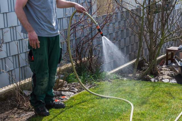A person in a gray shirt waters a lawn with a hose on a sunny day, surrounded by plants and garden furniture.