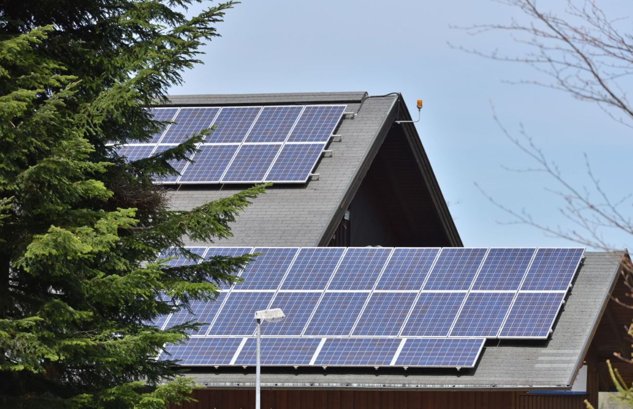 A roof with solar panels.