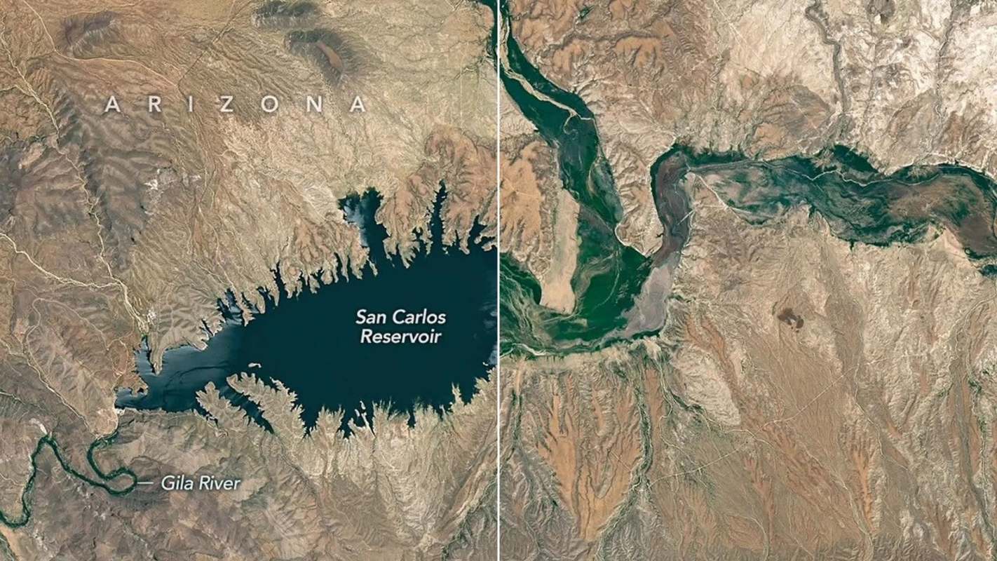 An aerial view of San Carlos Reservoir and the Gila River in Arizona, showcasing diverse terrain and water bodies.