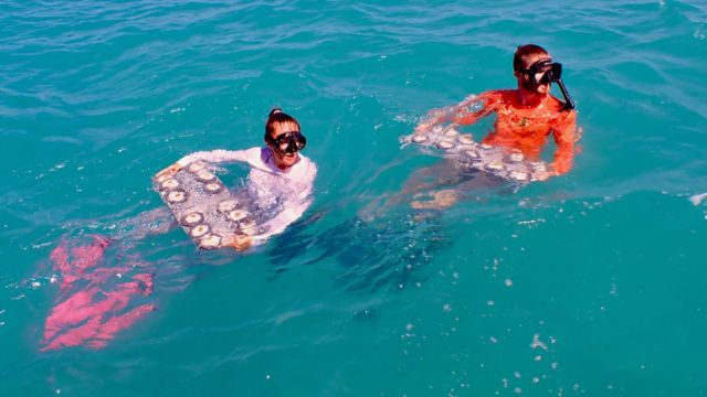 Two people snorkel in clear turquoise water, each holding corals.