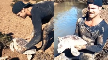 A person in a black shirt holds a turtle while standing in a muddy area near water.