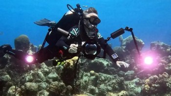 A scuba diver using a camera and underwater lights explores a coral reef.