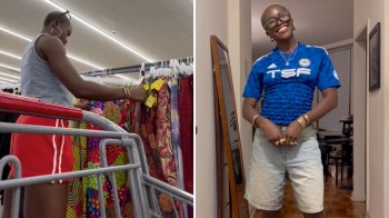 A woman in a denim vest shops for colorful clothes in a store, then poses happily in a blue soccer shirt at home.