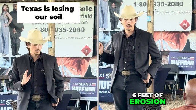 A speaker in a cowboy hat discusses soil erosion in Texas, with campaign signs and posters in the background.
