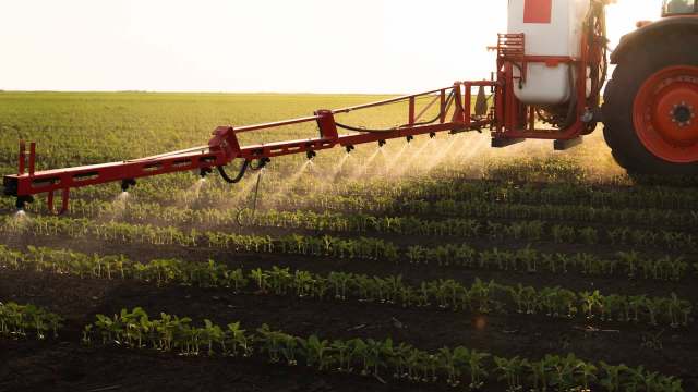 A red agricultural sprayer releasing mist over green crop rows in a sunlit field.