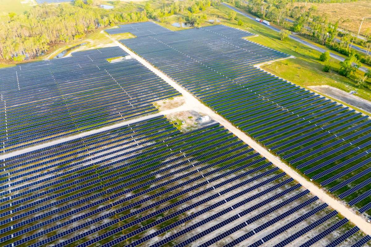 A solar farm that borders trees and a highway.