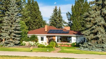 A house with rooftop solar panels, surrounded by mature pine trees.