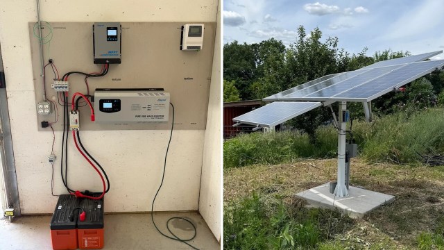 A solar power setup featuring an inverter and batteries indoors.