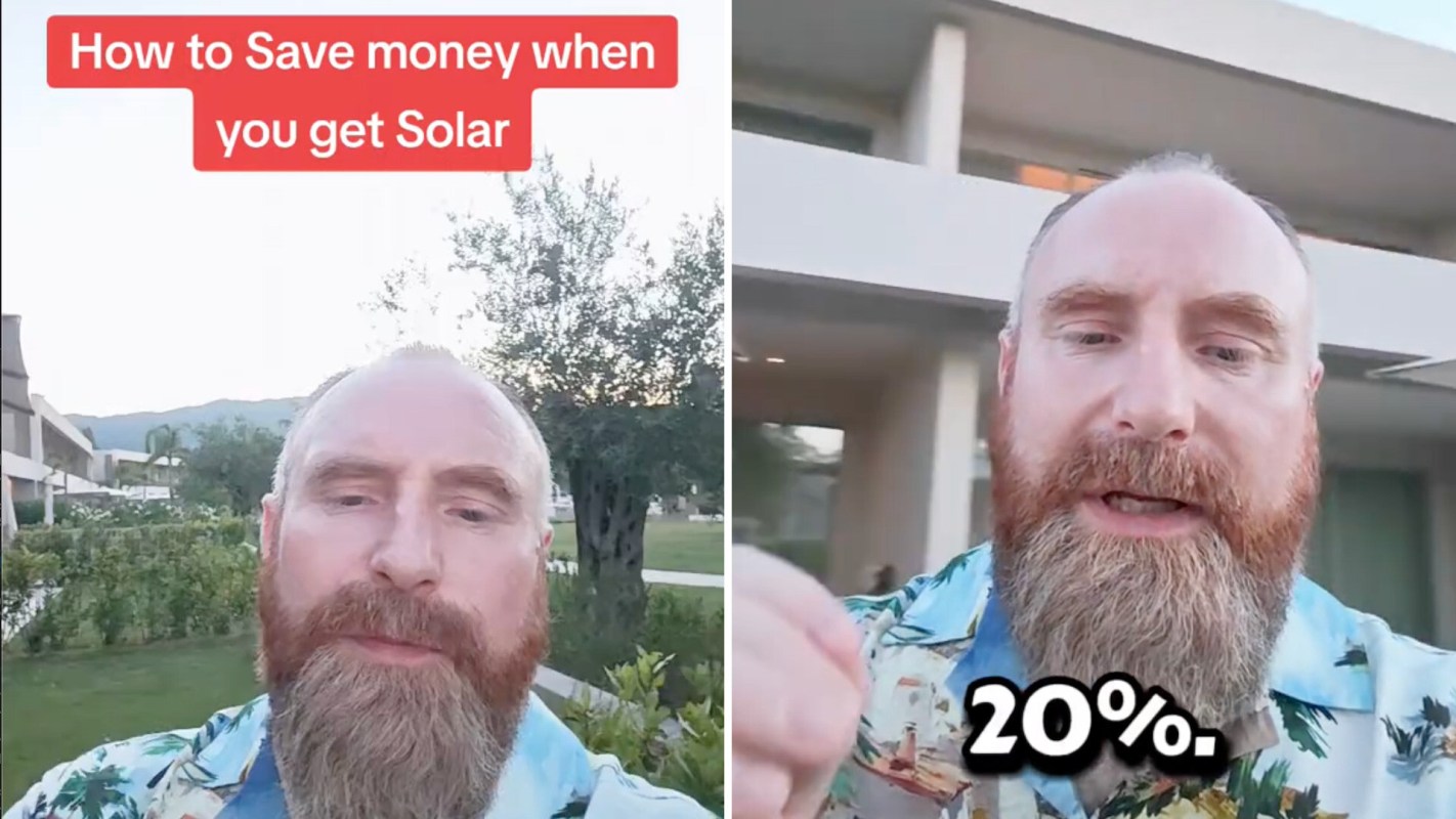 A man in a colorful shirt discusses saving money with solar energy outdoors at dusk.