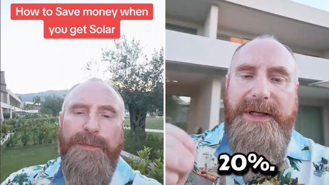 A man in a colorful shirt discusses saving money with solar energy outdoors at dusk.