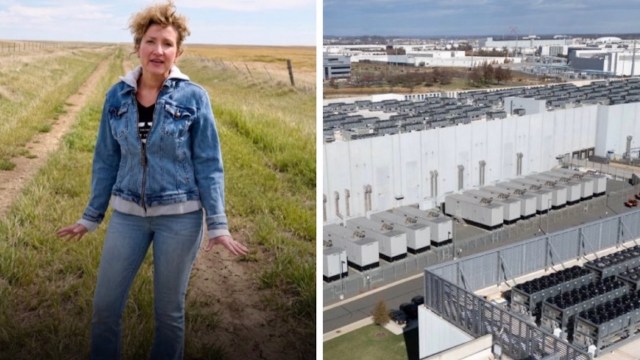 A woman stands on a dirt path in a grassy landscape, with an industrial facility visible in the adjacent frame.