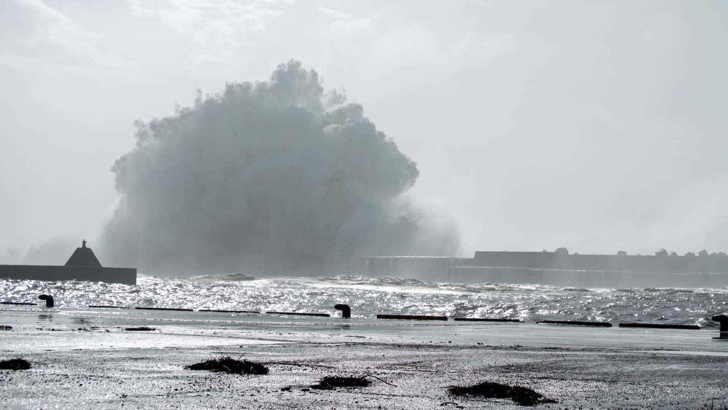 A powerful wave crashes against a breakwater.