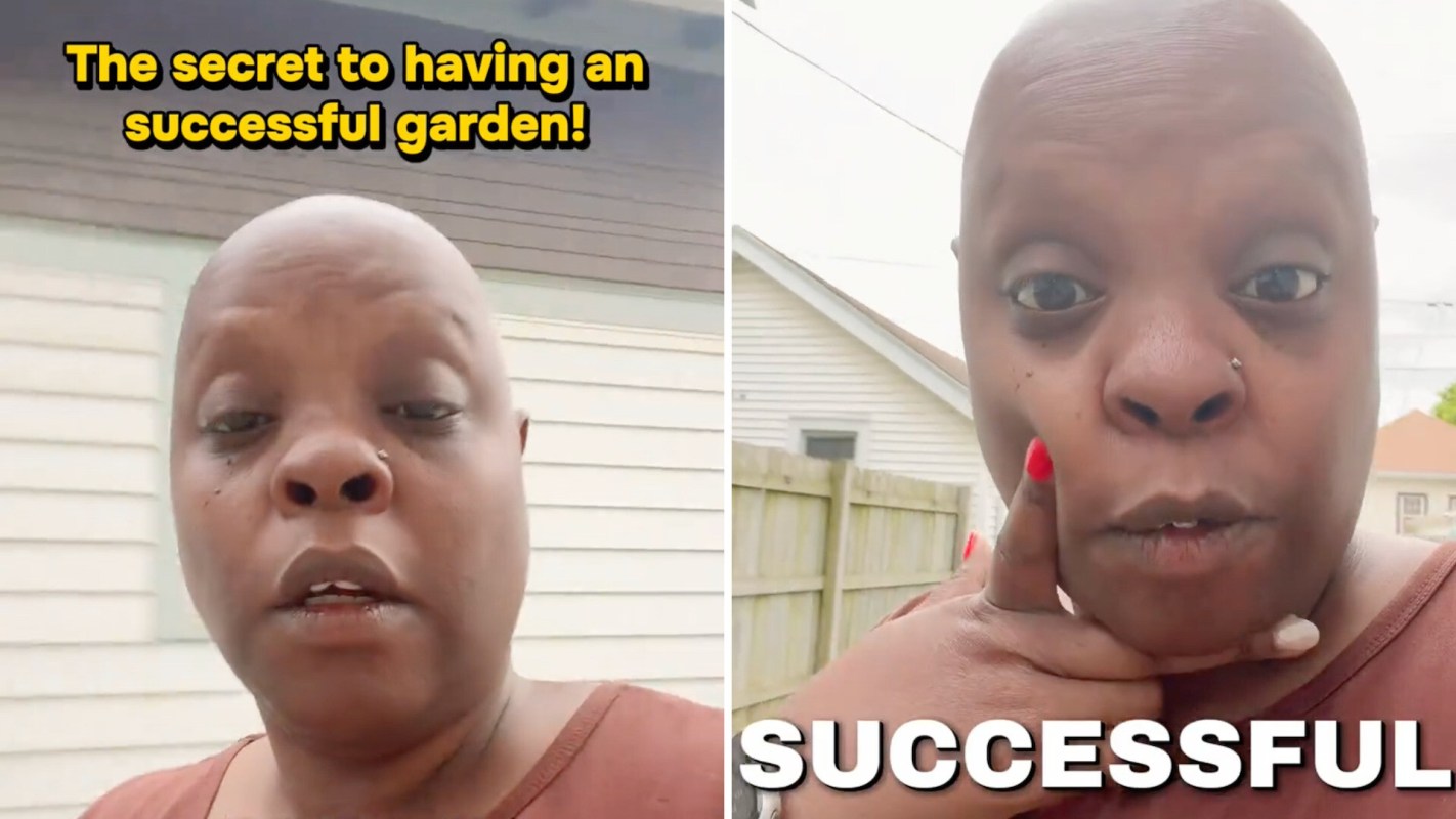 A person sharing gardening tips, looking directly at the camera with text highlighting "The secret to having a successful garden!"