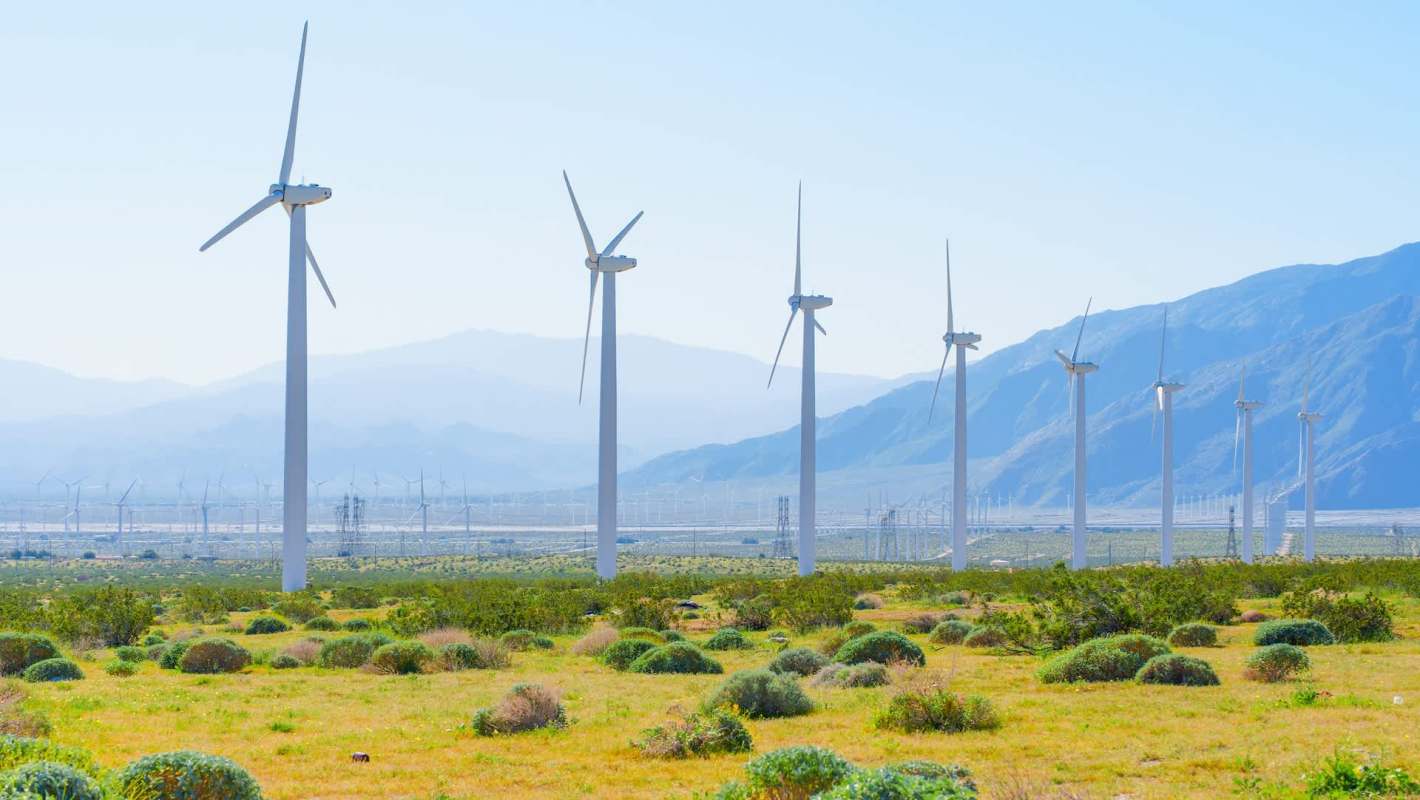 A landscape featuring numerous wind turbines with mountains and a clear blue sky in the background.