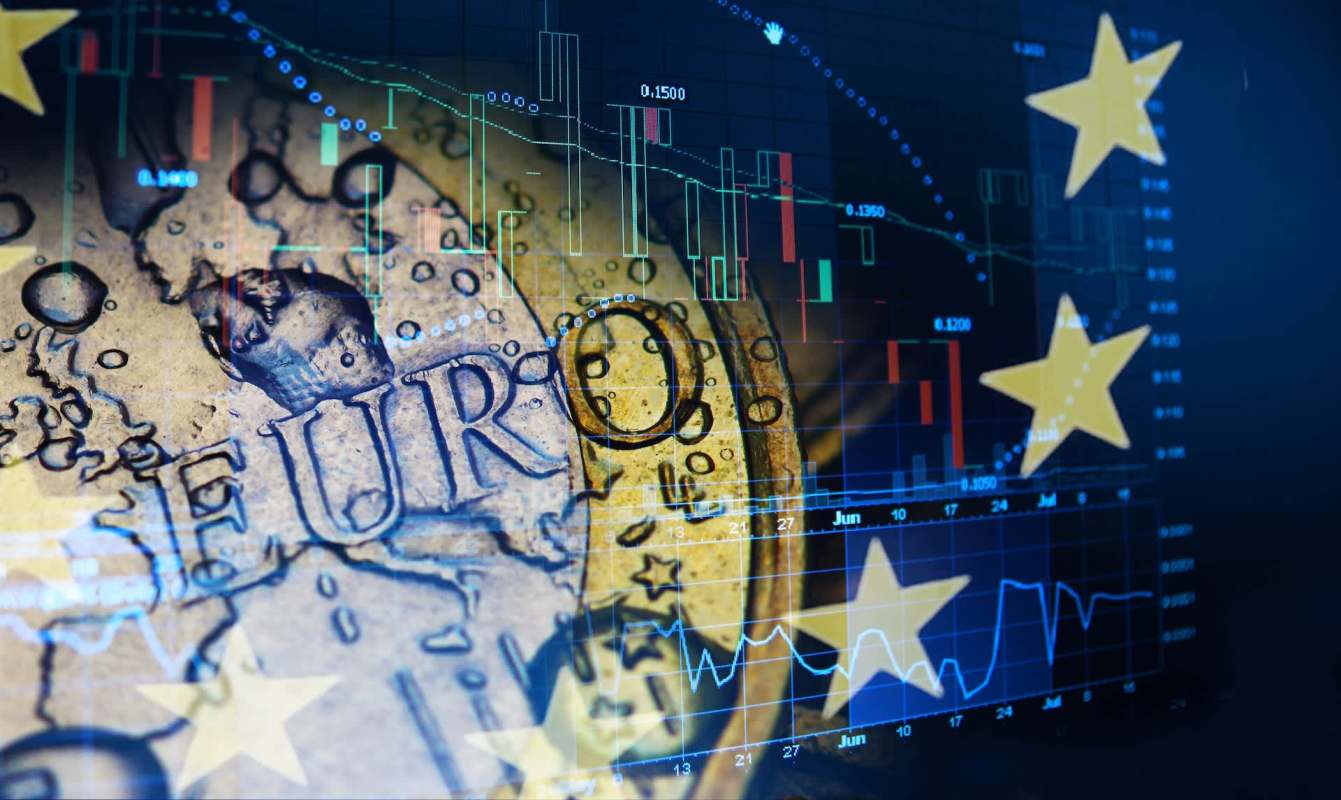A Euro coin is featured as part of a graphic about the ups and downs of investing.