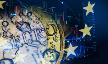 A Euro coin is featured as part of a graphic about the ups and downs of investing.