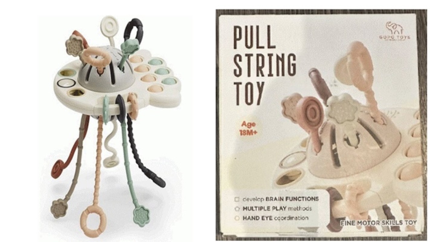 A colorful pull string toy with various textures and shapes, designed for developing fine motor skills in toddlers.