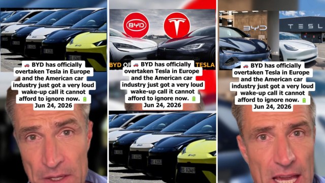 Images showing a news segment about BYD overtaking Tesla in Europe, featuring cars and a presenter speaking.