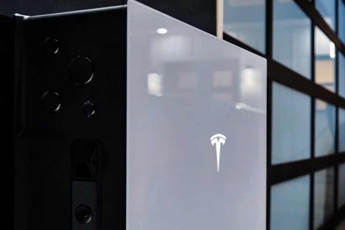 A sleek Tesla Powerwall.