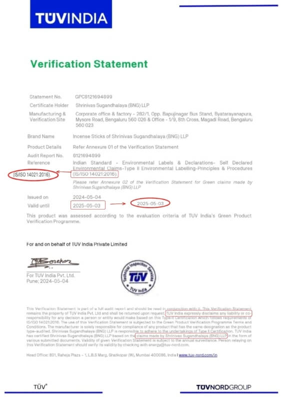 A Green Product Certificate for Nag Champa incense.
