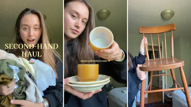 A woman showcases her secondhand haul of clothes, tableware, and furniture.