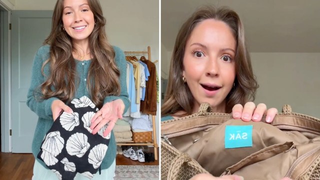 A smiling woman holds a patterned bag while showcasing its interior and label.