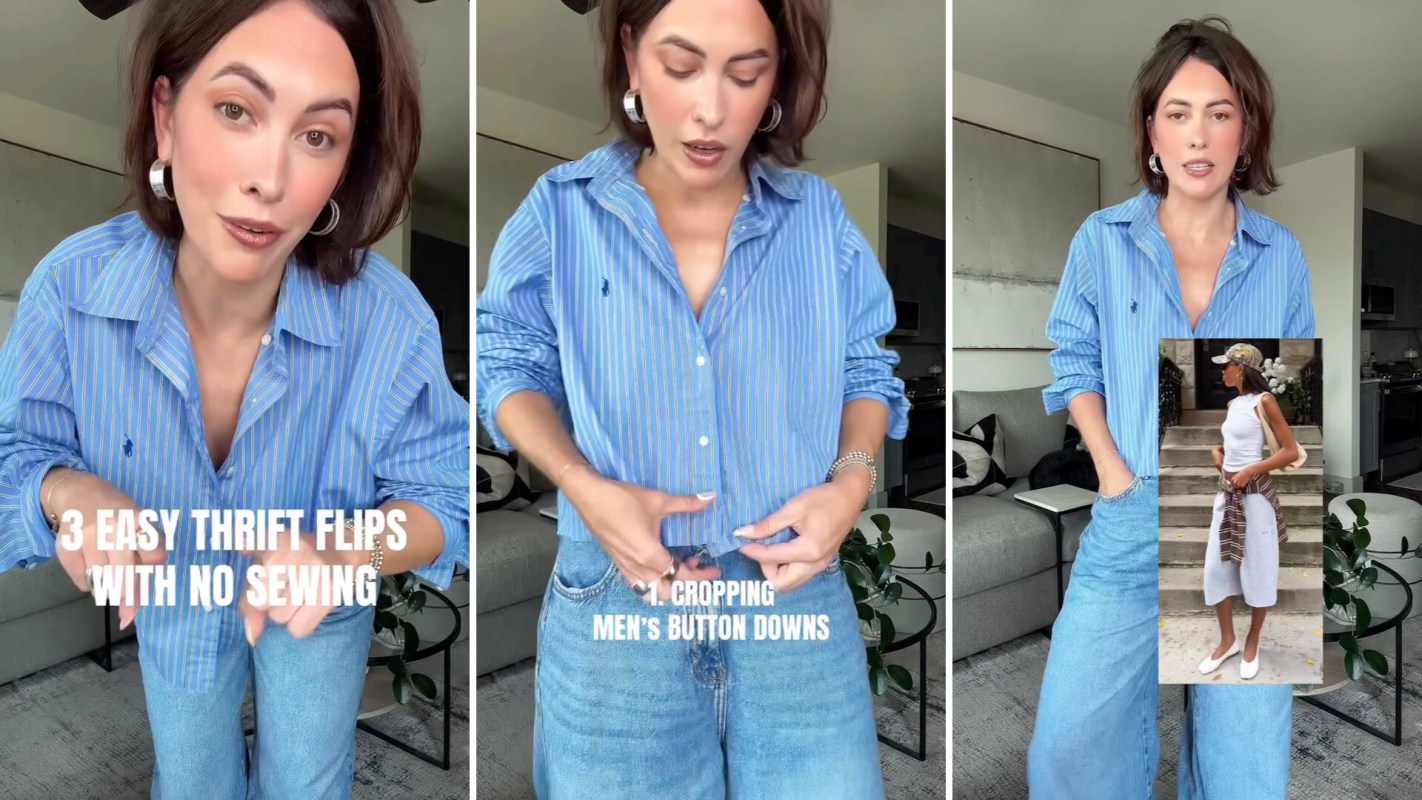 A woman in a striped blue shirt demonstrates three thrift flip techniques, showing how to crop a men's button-down.