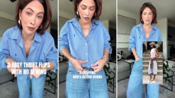 A woman in a striped blue shirt demonstrates three thrift flip techniques, showing how to crop a men's button-down.