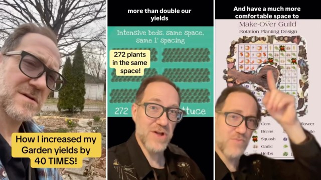 A person discusses gardening techniques alongside visual aids about increasing yields and planting designs.