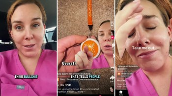 A woman in pink scrubs expresses frustration and while showing various emotions.