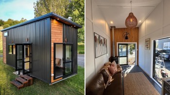 A modern tiny house with a mix of metal and wood siding, featuring open doors and a cozy interior.