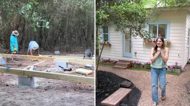 A progress montage showing two scenes: construction work in a forest and a woman joyfully standing outside a finished home.