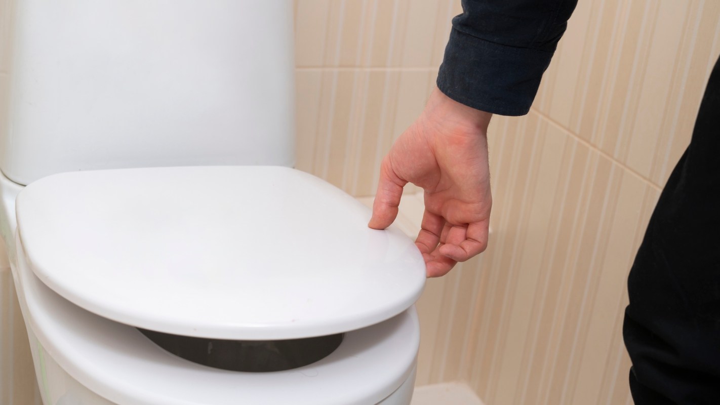A person opening a toilet seat.