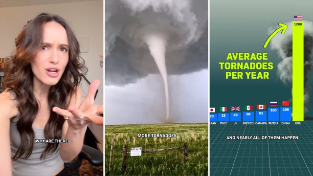 A woman questions the frequency of tornadoes beside an image of a tornado and a graph comparing annual tornado statistics.