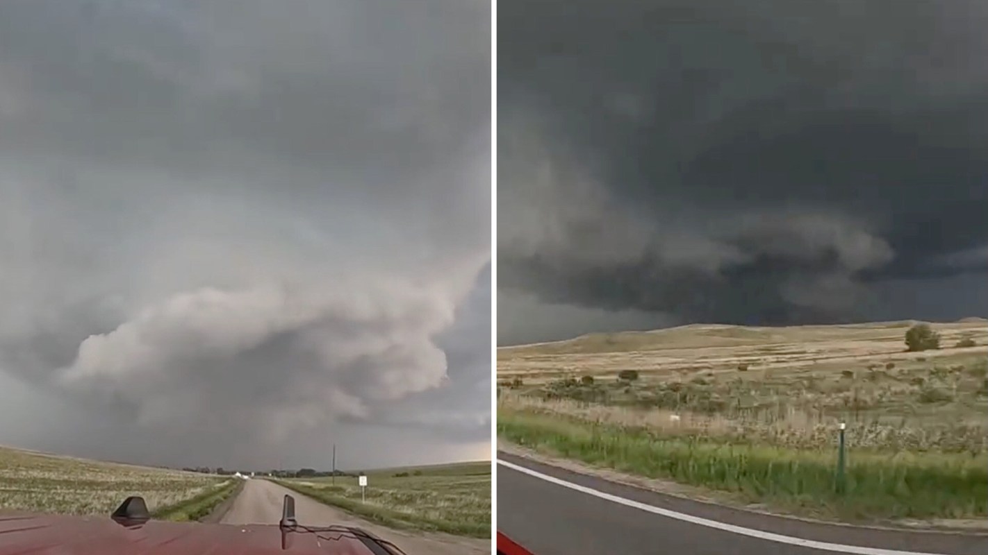 A split image showing ominous storm clouds over rural landscapes and approaching dark skies.
