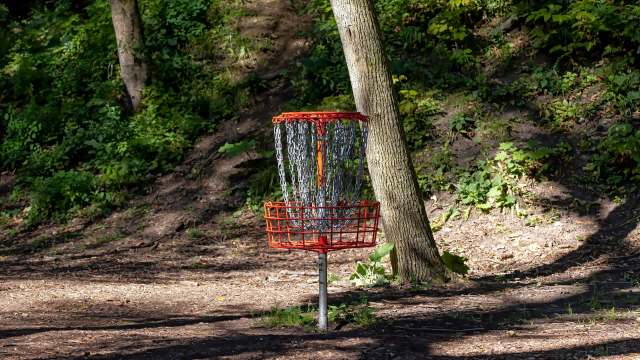 A disc golf basket with an orange rim and metal chains, set in a wooded outdoor area.