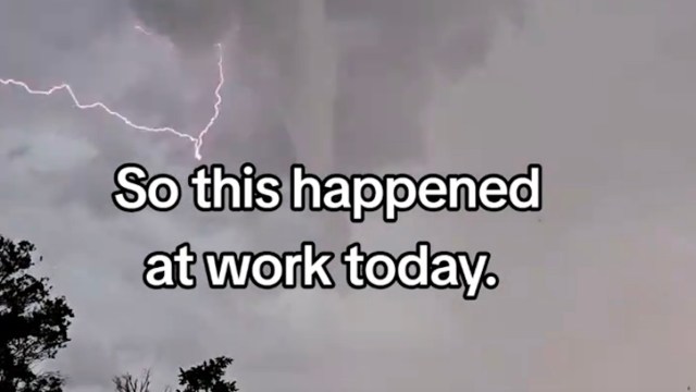 A sky filled with dark clouds and lightning accompanied by text about an unusual event at work.