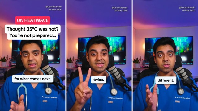 A doctor in blue scrubs explains the upcoming UK heatwave in a series of three engaging images.
