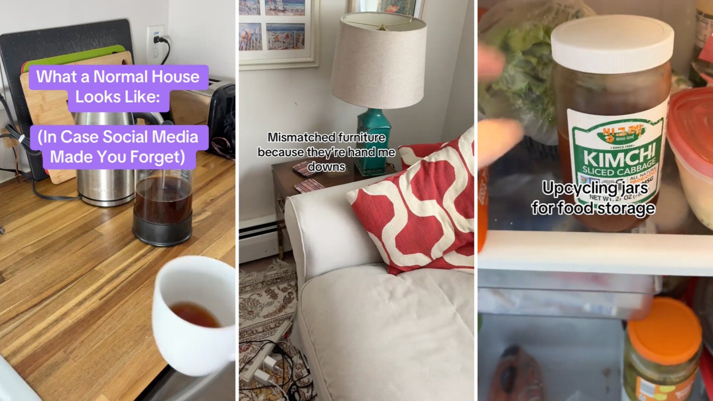 A collage showing a kitchen counter, mismatched furniture, and a fridge with upcycled jars and kimchi.