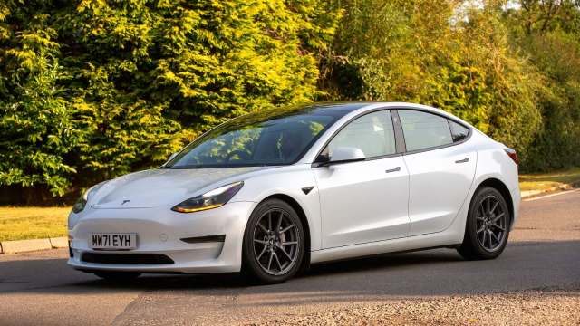 A white Tesla Model 3 on a quiet road lined with trees.