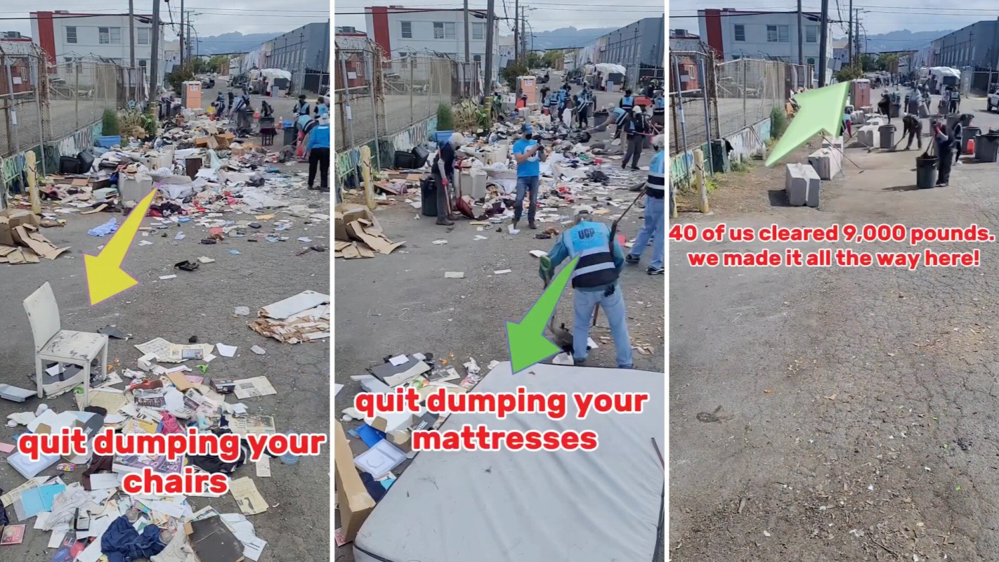 A group of people cleaning a littered street, revealing discarded furniture and trash, with visual progress markers.
