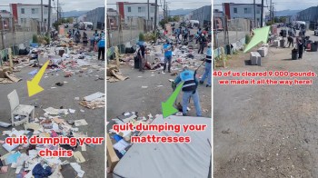 A group of people cleaning a littered street, revealing discarded furniture and trash, with visual progress markers.